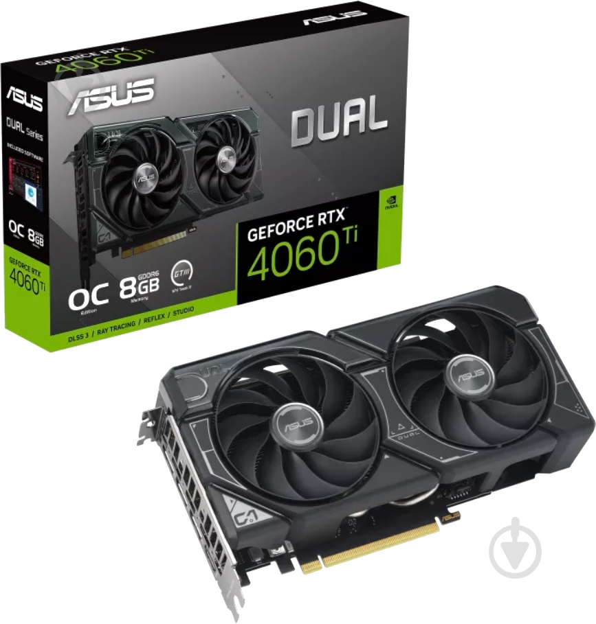 Видеокарта Asus NVIDIA GeForce RTX 4060 Ti Dual OC 8GB GDDR6 128bit (DUAL-RTX4060TI-O8G) - фото 1 Видеокарта Asus NVIDIA GeForce RTX 4060 Ti Dual OC 8GB GDDR6 128bit (DUAL-RTX4060TI-O8G) - фото 1
