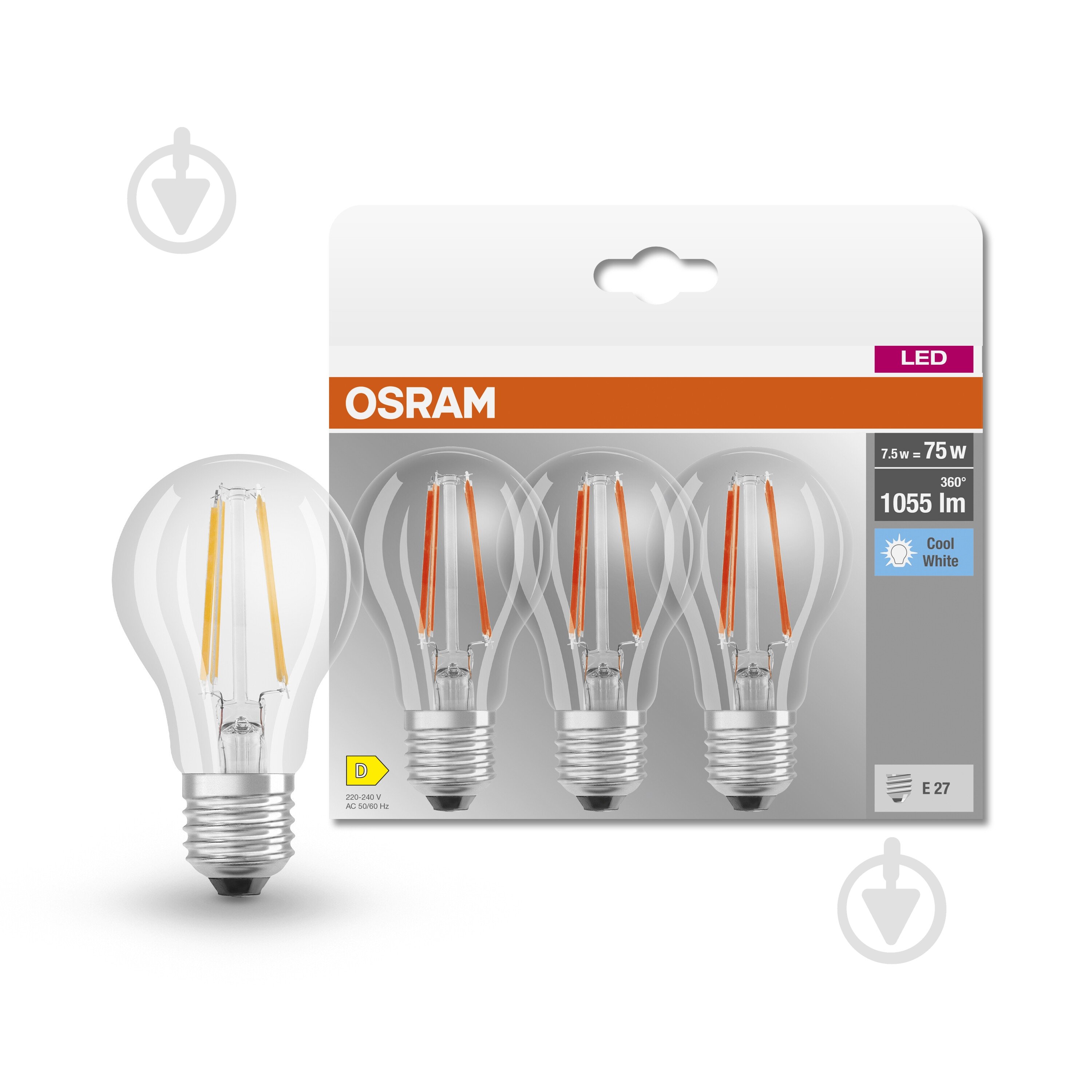 Лампа світлодіодна Osram 3 шт. 7,5 Вт A75 E27 220 В 4000 К BASECLA75 FIL - фото 1 Лампа світлодіодна Osram 3 шт. 7,5 Вт A75 E27 220 В 4000 К BASECLA75 FIL - фото 1