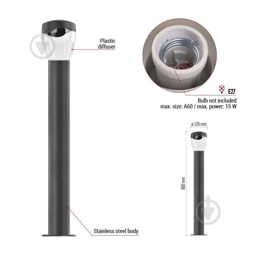 Світильник садовий Emos світлодіодний стовпчастий E27 15 Вт IP44 антрацит ZGA0C0P - фото 5