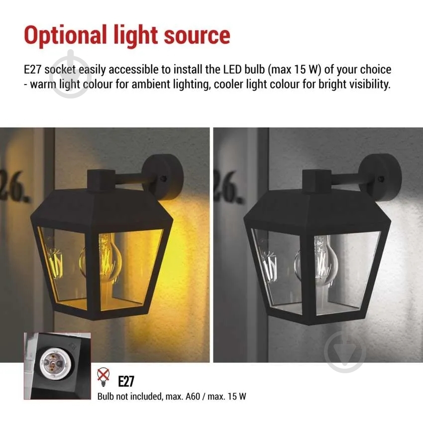 Светильник садовый Emos светодиодный настенный E27 15 Вт IP44 черный ZGB020P - фото 4 Светильник садовый Emos светодиодный настенный E27 15 Вт IP44 черный ZGB020P - фото 4