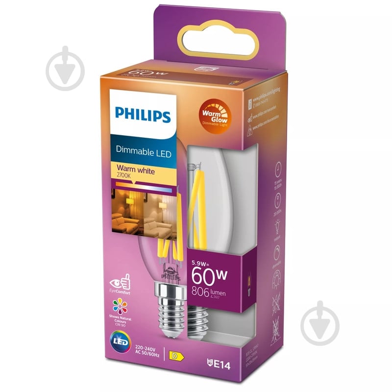 Лампа светодиодная Philips B35 5,9 Вт E14 2700 К 220 В прозрачная 929003013901 - фото 2