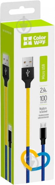 Кабель ColorWay USB - MicroUSB 2.4А 1 м желтый с синим (CW-CBUM052-BLY) - фото 1