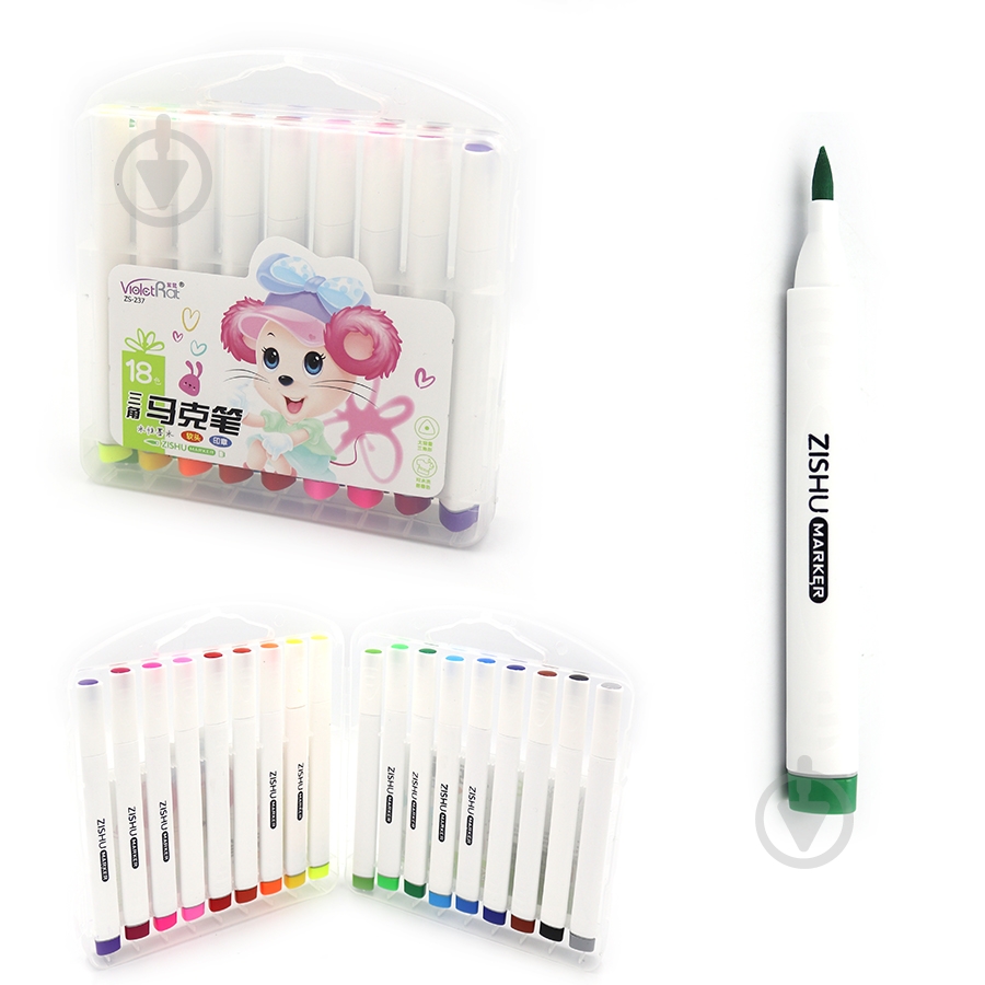 Фломастеры двухсторонние 237-18 Mouse треугольная форма 18 цветов 130 мм кисточка/штамп J.Оtten - фото 1