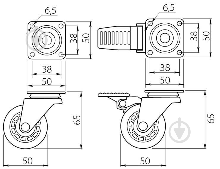 Ролик мебельный GTV d50 мм h-65 мм повортный c стопором прозрачный (колесо для мебели) упаковка 4 шт KM-AH50MM-00 - фото 2 Ролик мебельный GTV d50 мм h-65 мм повортный c стопором прозрачный (колесо для мебели) упаковка 4 шт KM-AH50MM-00 - фото 2