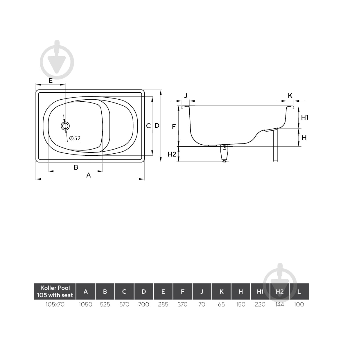 Ванна стальная Koller Pool B05E2200E 105х70 см 105x70 с сиденьем - фото 4