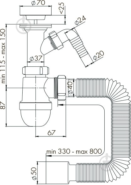 Сифон для умывальника Water House монолитный выпуск, сетка, подкл. быт. техн., гибкая труба 40 * 50 LN 03.01 - фото 2