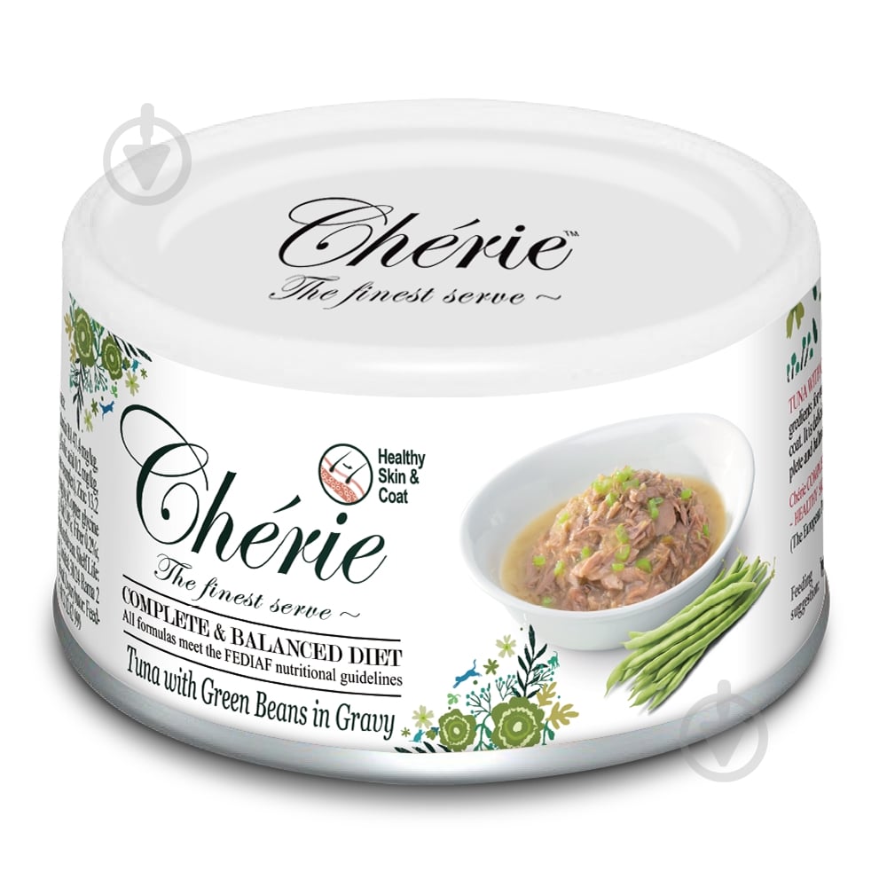 Корм вологий для котів Cherie Complete & Balanced, з тунцем та зеленою квасолею в соусі, ж/б 80 г - фото 1 Корм вологий для котів Cherie Complete & Balanced, з тунцем та зеленою квасолею в соусі, ж/б 80 г - фото 1