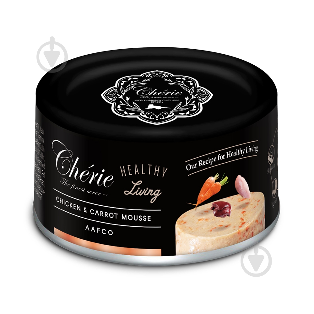 Корм вологий для котів Cherie Healthy Living, мус з курки та моркви для котів, ж/б 80 г - фото 1