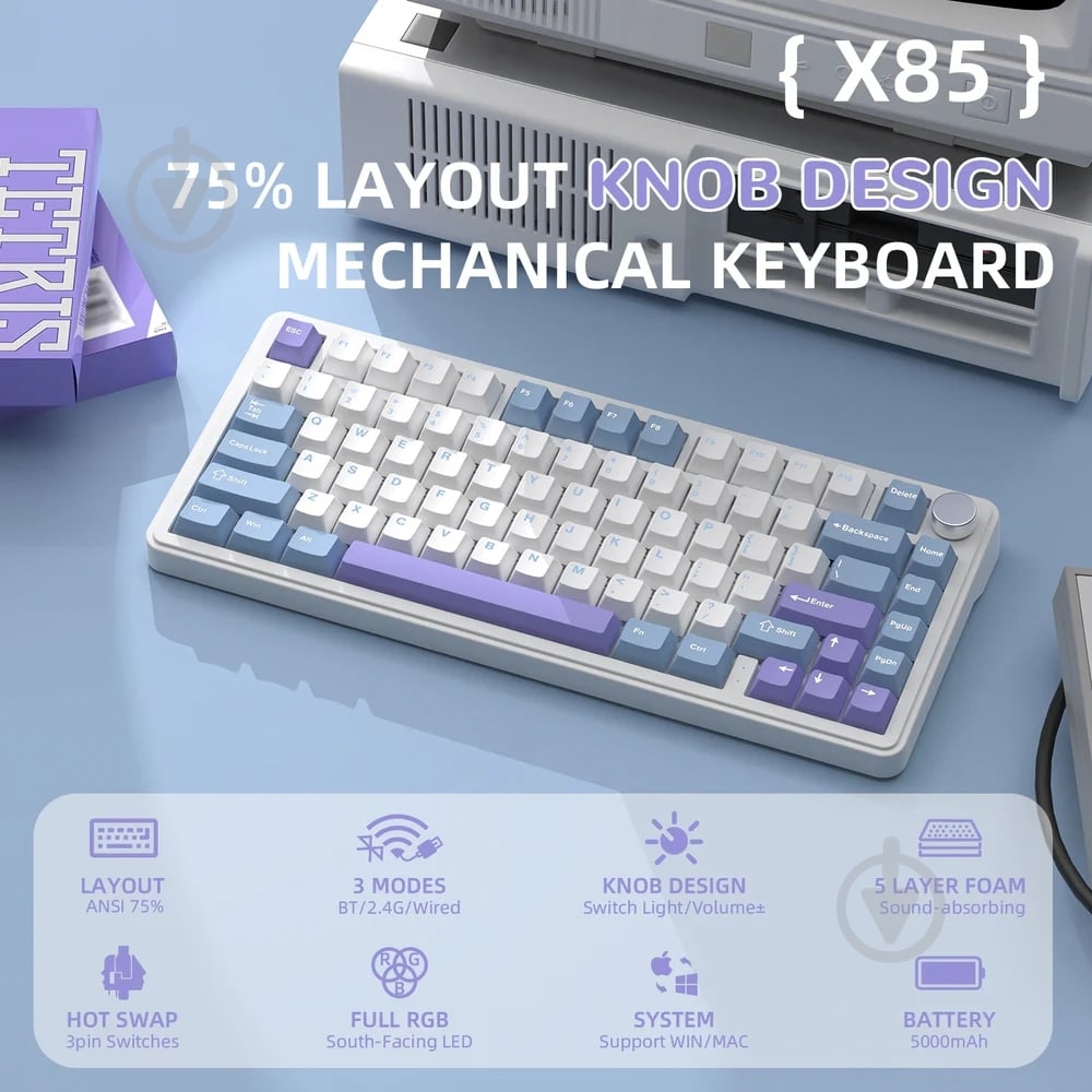 Клавиатура игровая attack shark (X85SW_AS) white - фото 2 Клавиатура игровая attack shark (X85SW_AS) white - фото 2