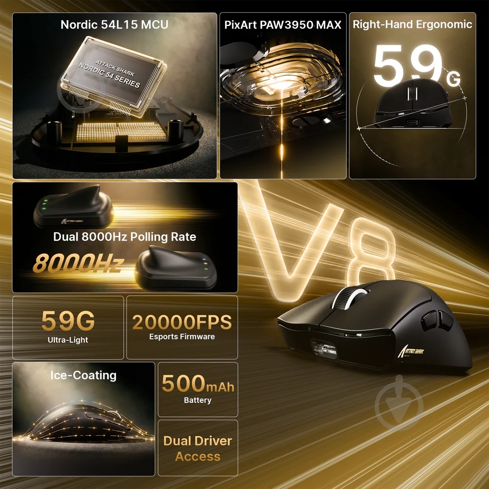 Мышь attack shark V8 Ultra-Light Wireless/Bluetooth black (V8B_AS) - фото 3 Мышь attack shark V8 Ultra-Light Wireless/Bluetooth black (V8B_AS) - фото 3