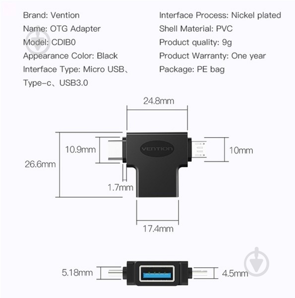 Адаптер Vention USB 3.1 Type-C / USB 3.0 OTG AF / microUSB BM чорний (CDIB0) - фото 5