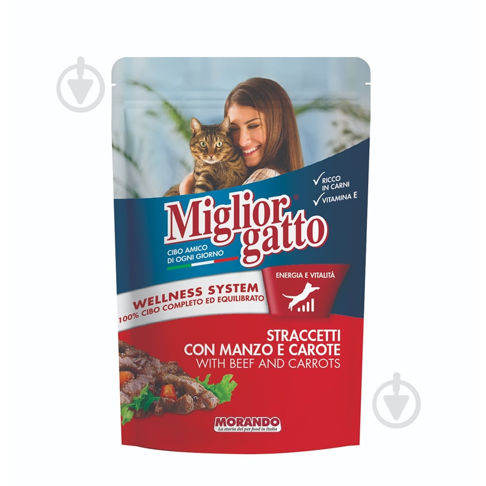 Корм влажный для котов Morando MigliorGatto Полоски с говядиной и морковью, пауч 100 г - фото 1 Корм влажный для котов Morando MigliorGatto Полоски с говядиной и морковью, пауч 100 г - фото 1