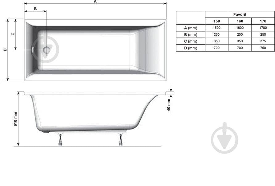 Ванна акриловая Ravak Favorit XC00100121 150х70 см - фото 3 Ванна акриловая Ravak Favorit XC00100121 150х70 см - фото 3