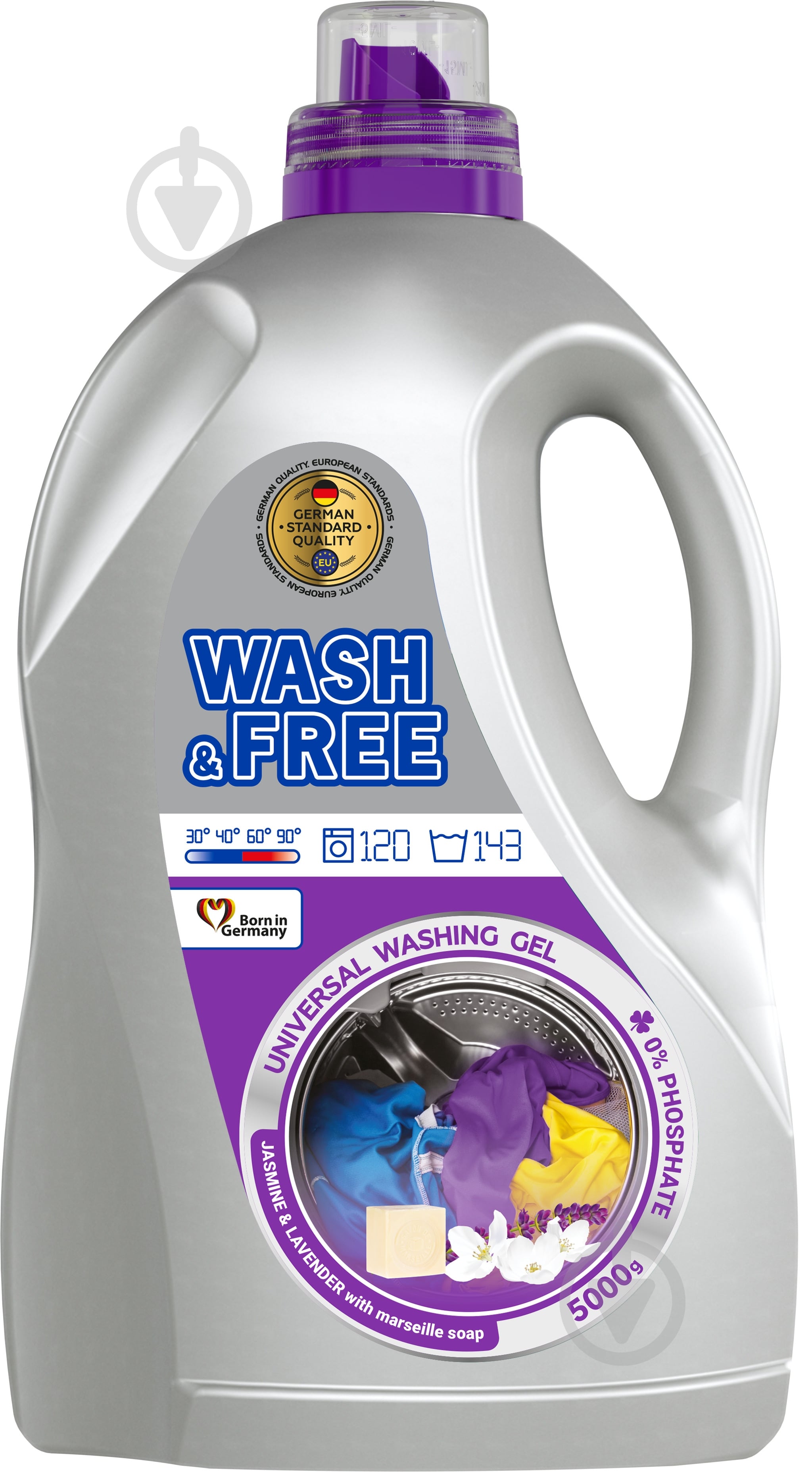 Гель для машинного та ручного прання Wash&Free Універсальний_Жасмин та лаванда з марсельським милом 5 л - фото 1