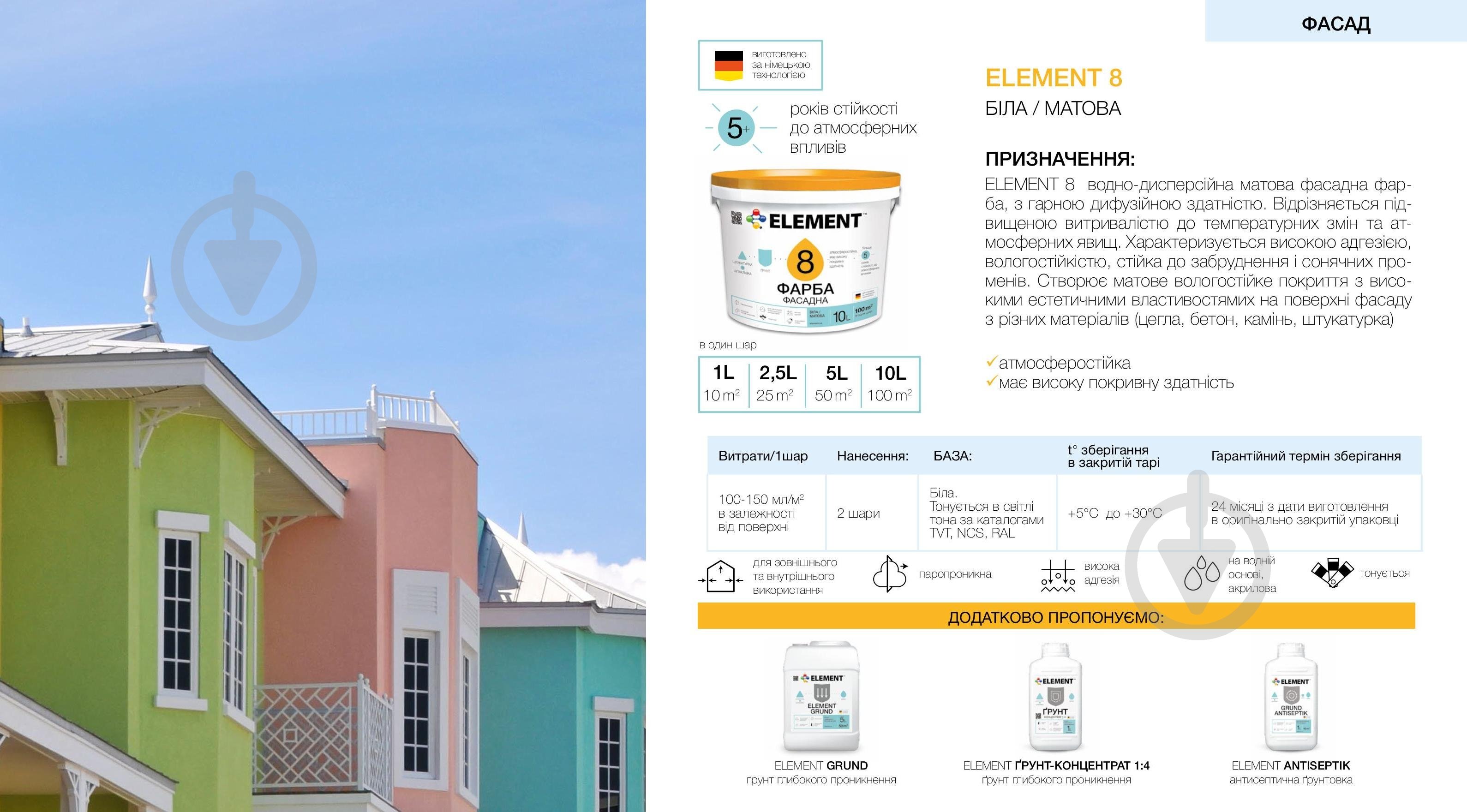 Краска акриловая водоэмульсионная Element 8 мат белый 10 л - фото 2