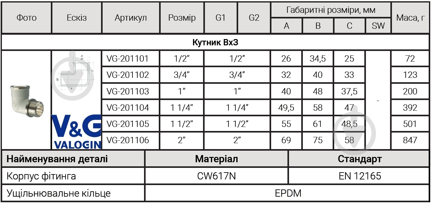 Уголок ВН V&G VALOGIN 1/2"х1/2" VG-201101 - фото 2