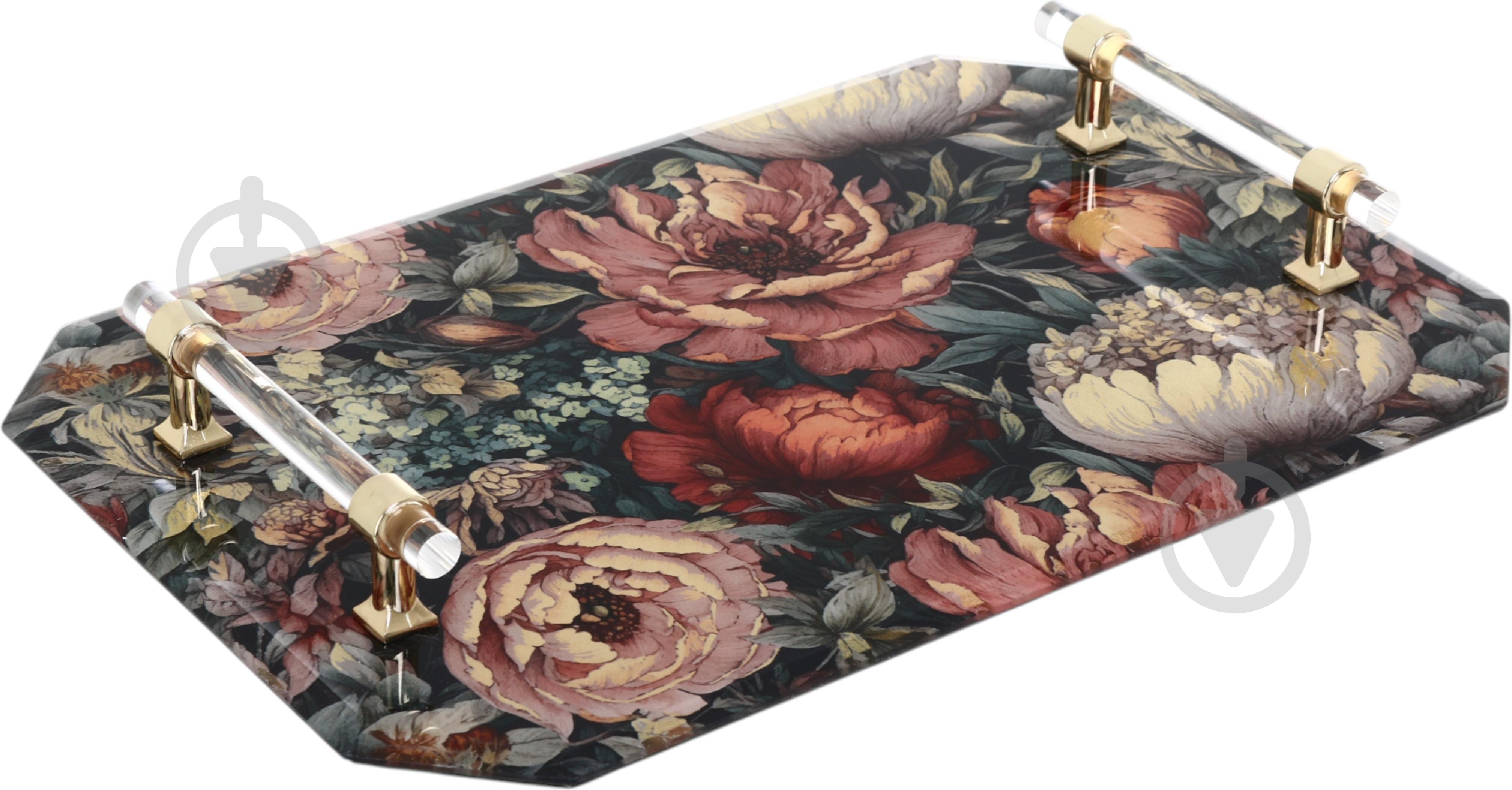 Таця з ручками Inari Baroque 36х24х4 см бордо із золотом скло - фото 1