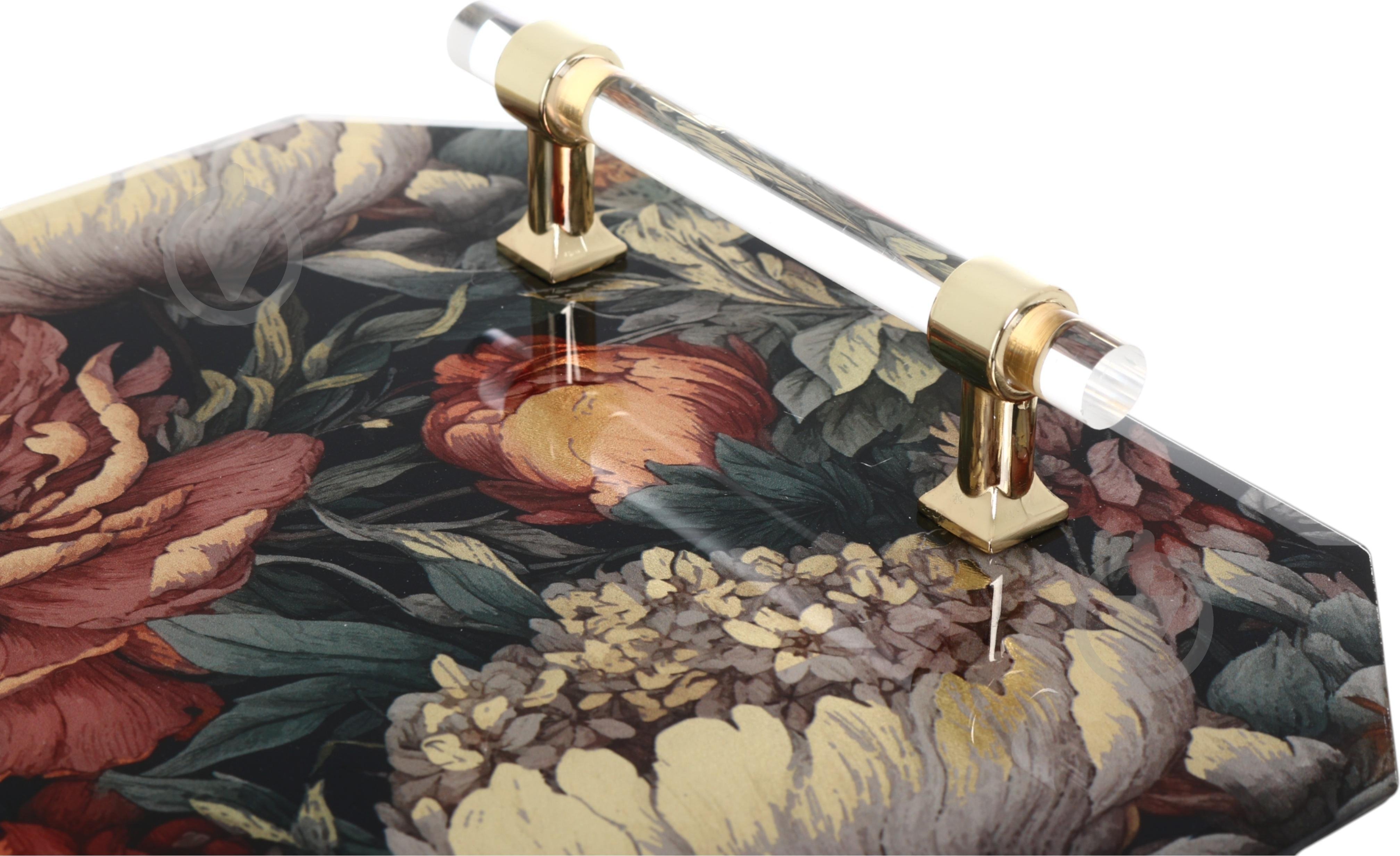 Таця з ручками Inari Baroque 36х24х4 см бордо із золотом скло - фото 3