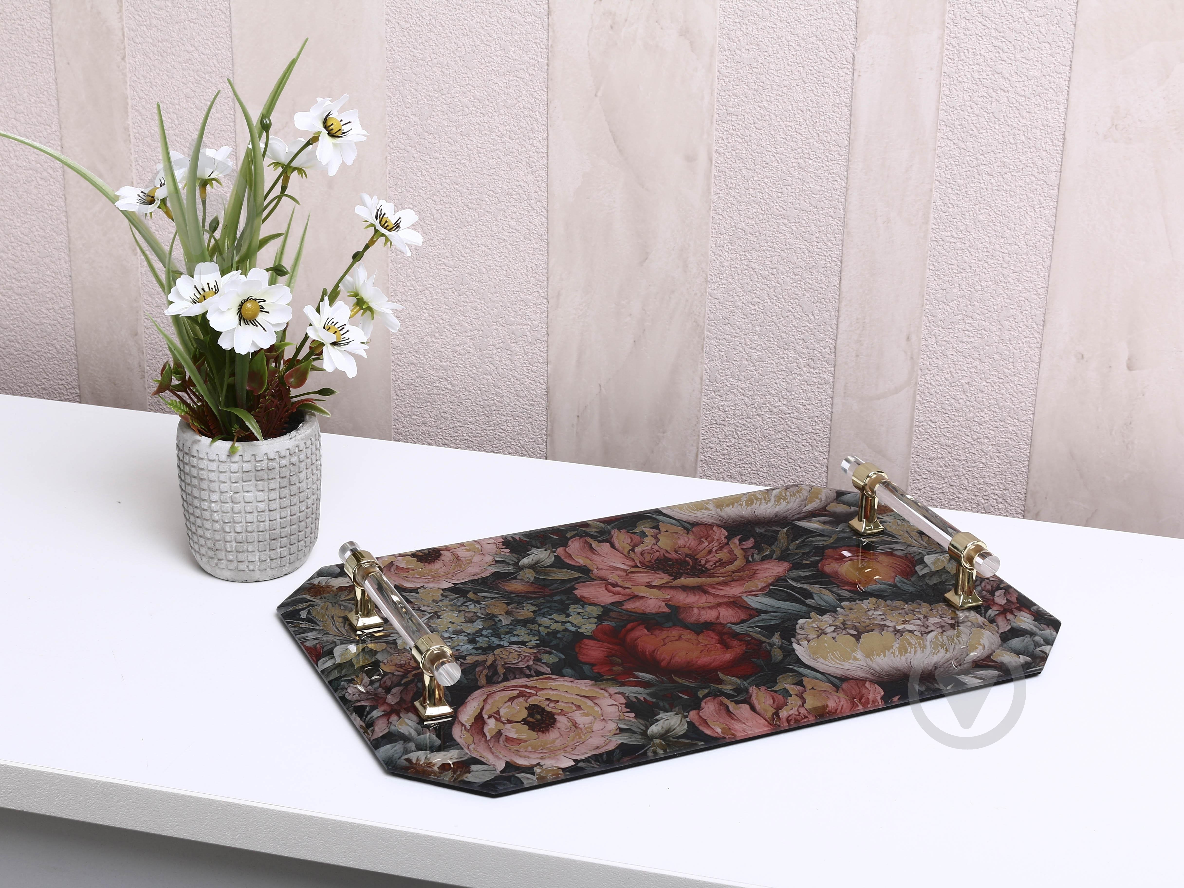 Таця з ручками Inari Baroque 36х24х4 см бордо із золотом скло - фото 4