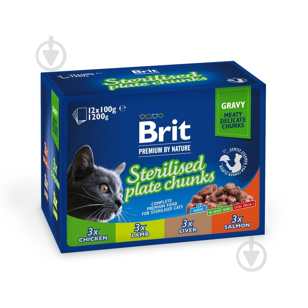 Набір корму для стерилізованих котів Brit Premium асорті 4 смаки 12x100 г - фото 1