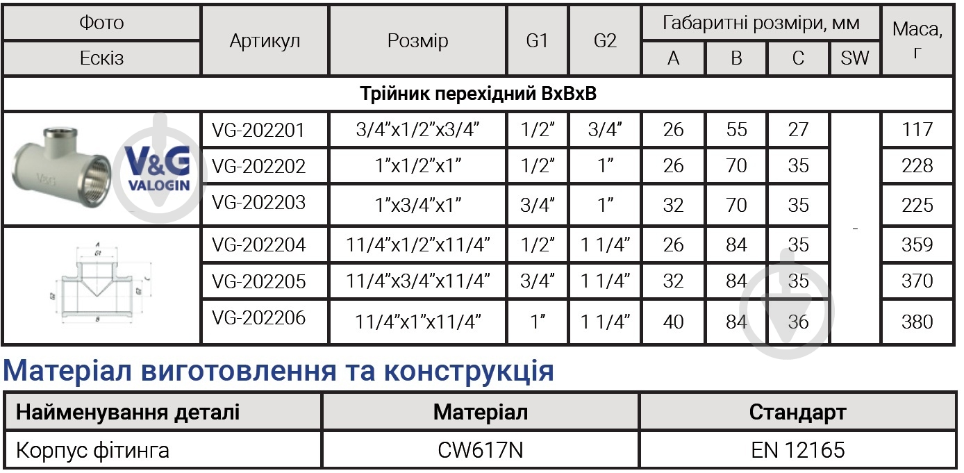 Тройник редукционный ВВВ V&G VALOGIN 1 1/4"х3/4"х1 ¼" VG-202205 - фото 3 Тройник редукционный ВВВ V&G VALOGIN 1 1/4"х3/4"х1 ¼" VG-202205 - фото 3