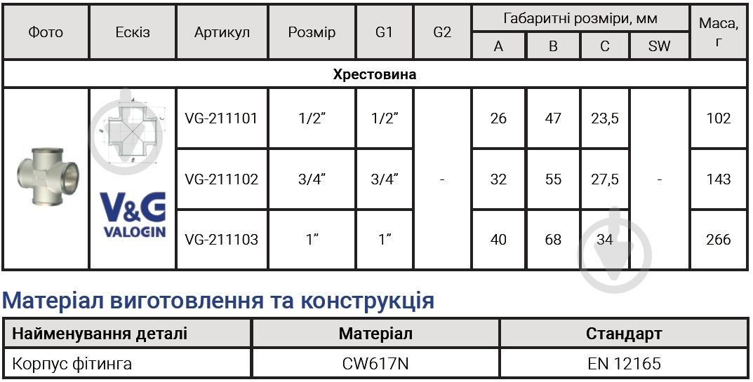 Хрестовина ВВВВ V&G VALOGIN 1" VG-211103 - фото 2
