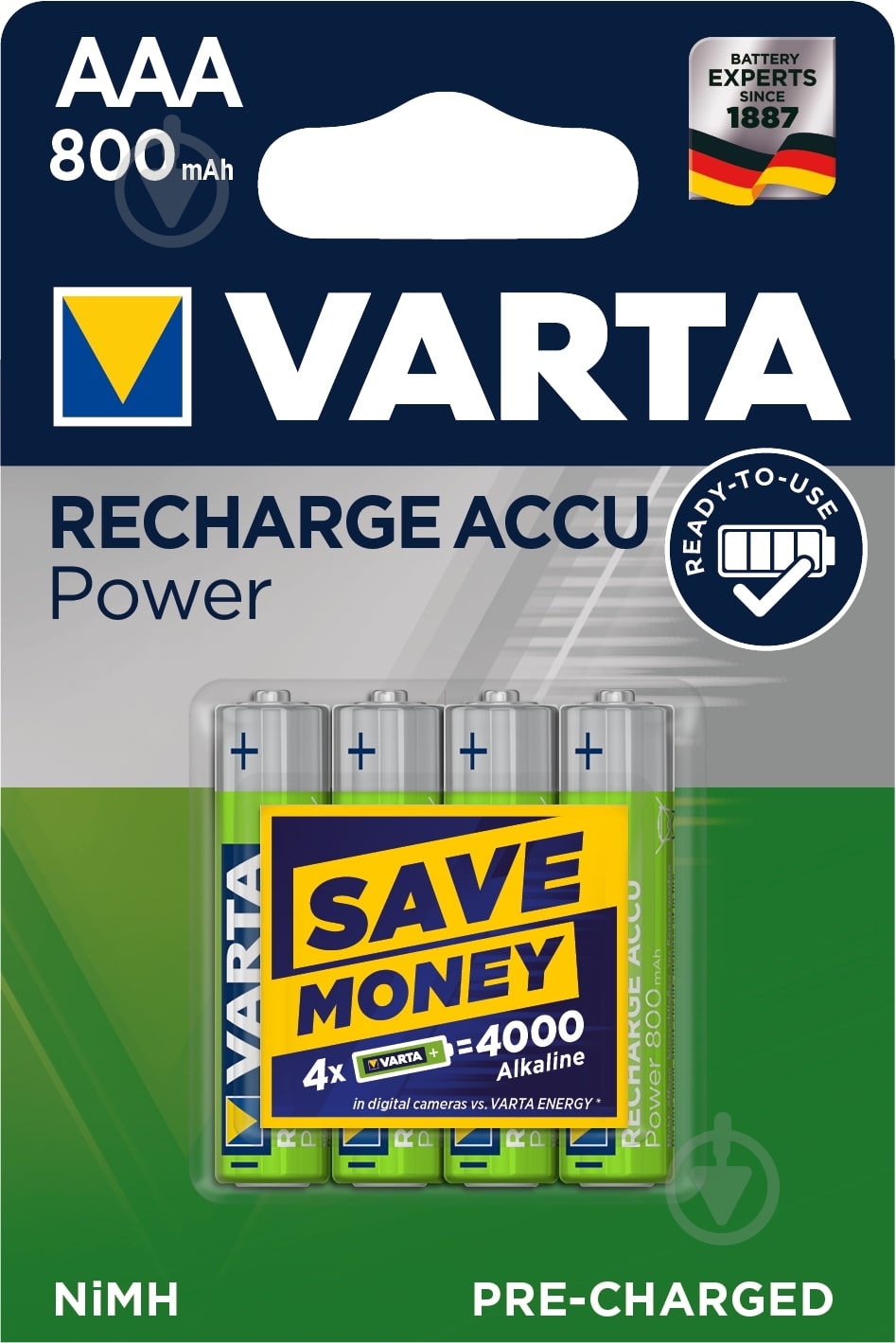 Акумулятор Varta Rechargeable 800 mAh AAA (мізинчикові) 4 шт. (56703101404) - фото 2 Акумулятор Varta Rechargeable 800 mAh AAA (мізинчикові) 4 шт. (56703101404) - фото 2