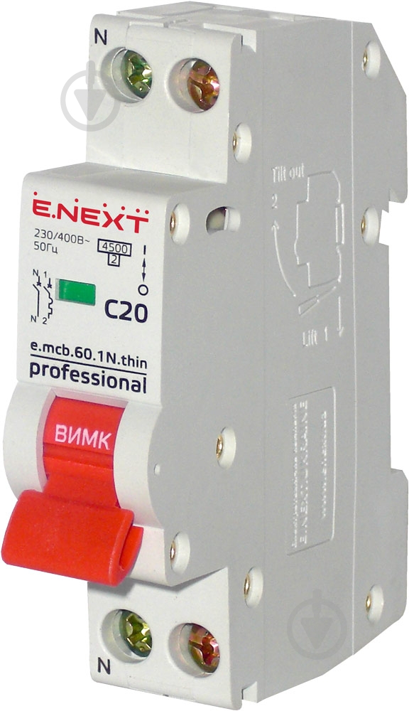 Автоматичний вимикач E.NEXT (e.mcb.pro.60.1N.С20.thin) 1р+N 20 А С 4,5 кА p055002 - фото 1