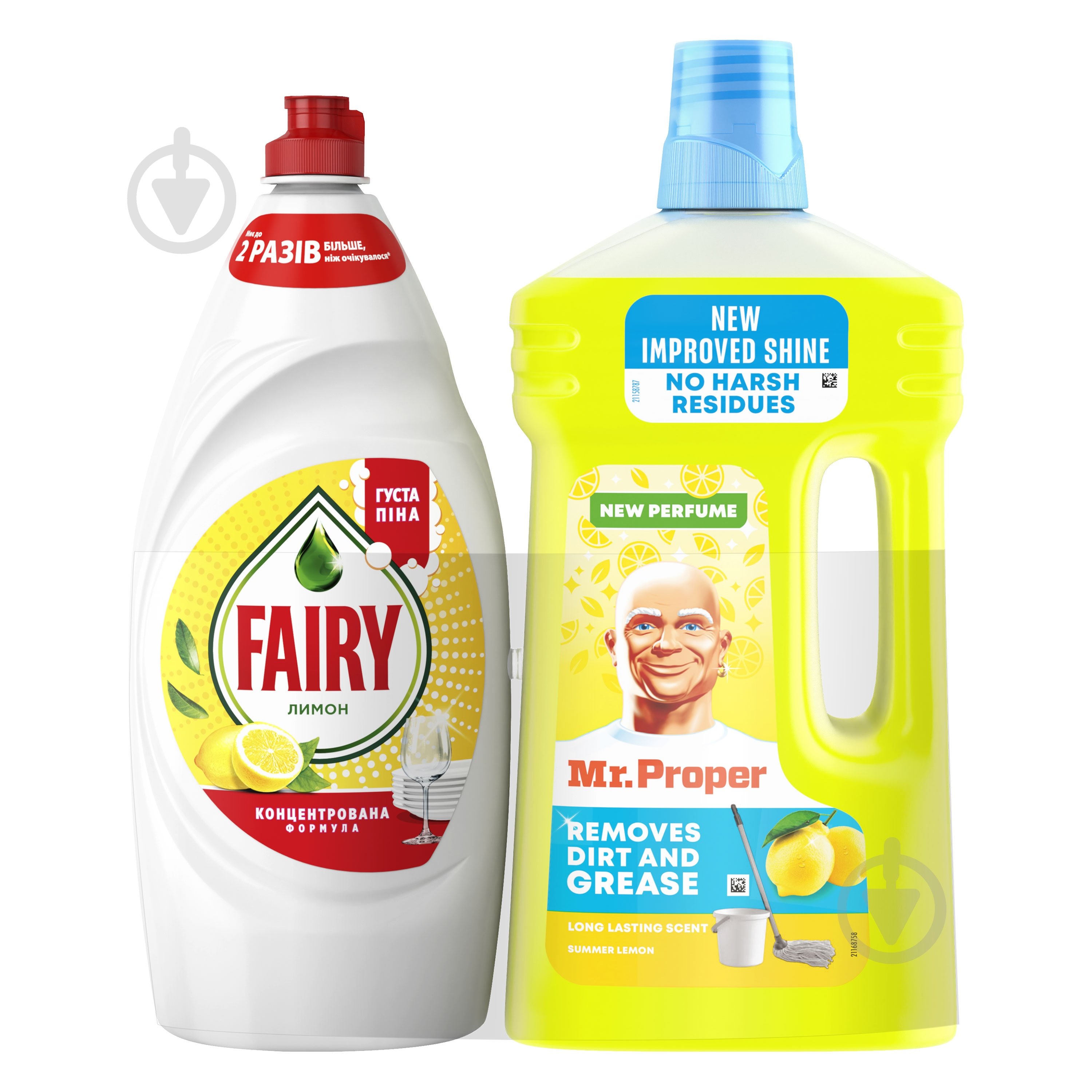 Засіб для миття посуду Fairy Лимон 900 мл + Універсальний засіб для миття підлоги та стін MR PROPER Лимон 1 л - фото 1