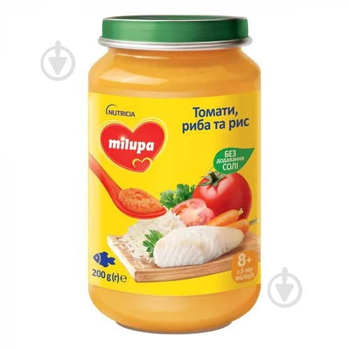 Пюре Milupa Томаты, рыба и рис 200 г - фото 1 Пюре Milupa Томаты, рыба и рис 200 г - фото 1