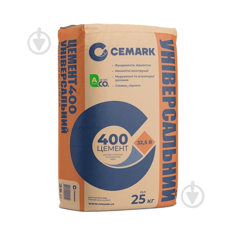 Цемент CEMARK ПЦ ІІ Б-К/КЦ V-А (Ш-В) 400Р 25 кг (CEM II/C-M(S-LL) 32,5 R) - фото 1