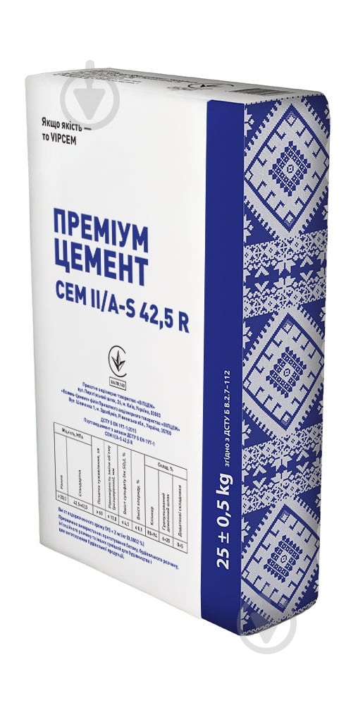 Цемент VIPCEM Премиум ПЦ II/А-Ш 500 25кг (CEM ІІ/А-S 42,5 R) - фото 1 Цемент VIPCEM Премиум ПЦ II/А-Ш 500 25кг (CEM ІІ/А-S 42,5 R) - фото 1