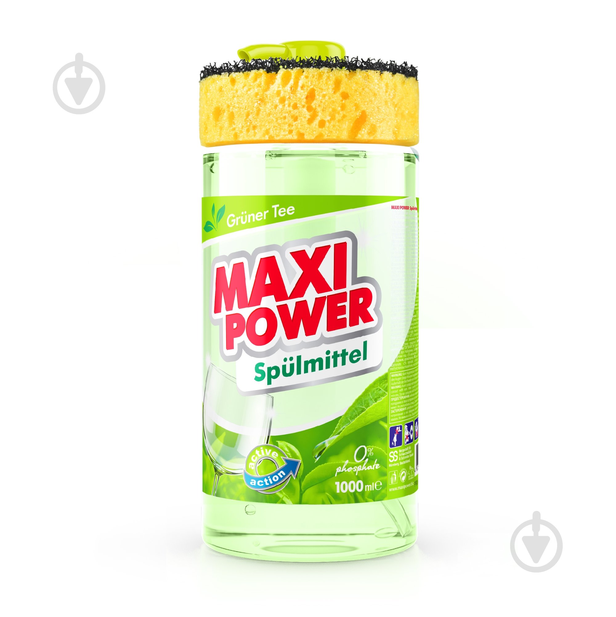 Средство для ручного мытья посуды Maxi Power Зелёный чай с губкой 1 л - фото 1 Средство для ручного мытья посуды Maxi Power Зелёный чай с губкой 1 л - фото 1