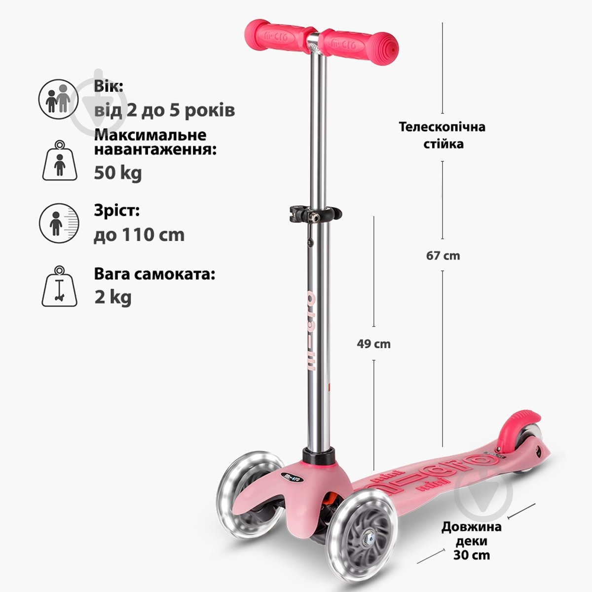 Самокат Micro серии Mini Deluxe Glow LED розовый MMD217 - фото 7