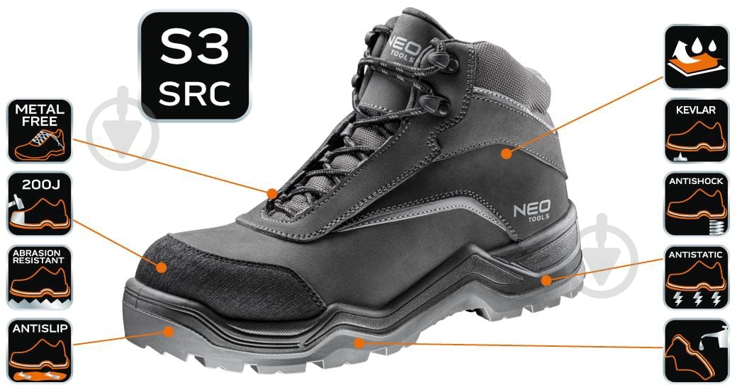 УЦІНКА! Черевики робочі NEO tools S3 SRC нубук CE р.46 82-151 чорний (УЦ №2560) - фото 3 УЦІНКА! Черевики робочі NEO tools S3 SRC нубук CE р.46 82-151 чорний (УЦ №2560) - фото 3