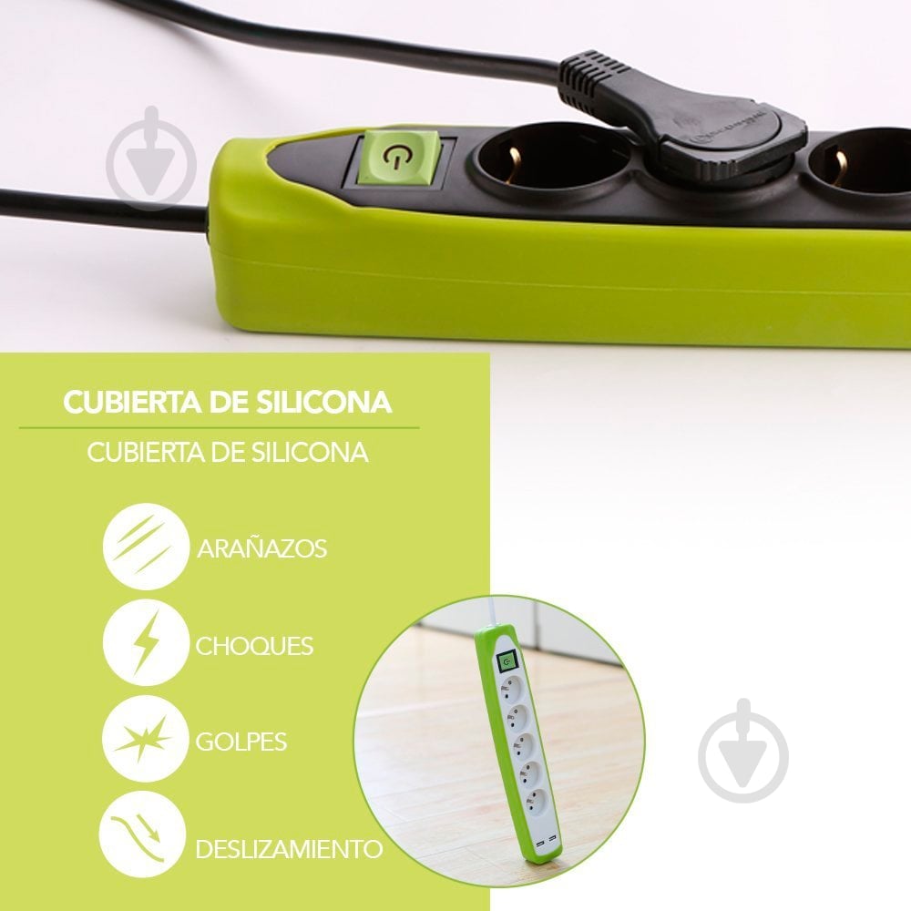 Удлинитель Electraline с 2 USB и кнопкой отключения в защитном резиновом кожухе с заземлением 3 гн. зеленый 2 м 62152 - фото 5 Удлинитель Electraline с 2 USB и кнопкой отключения в защитном резиновом кожухе с заземлением 3 гн. зеленый 2 м 62152 - фото 5