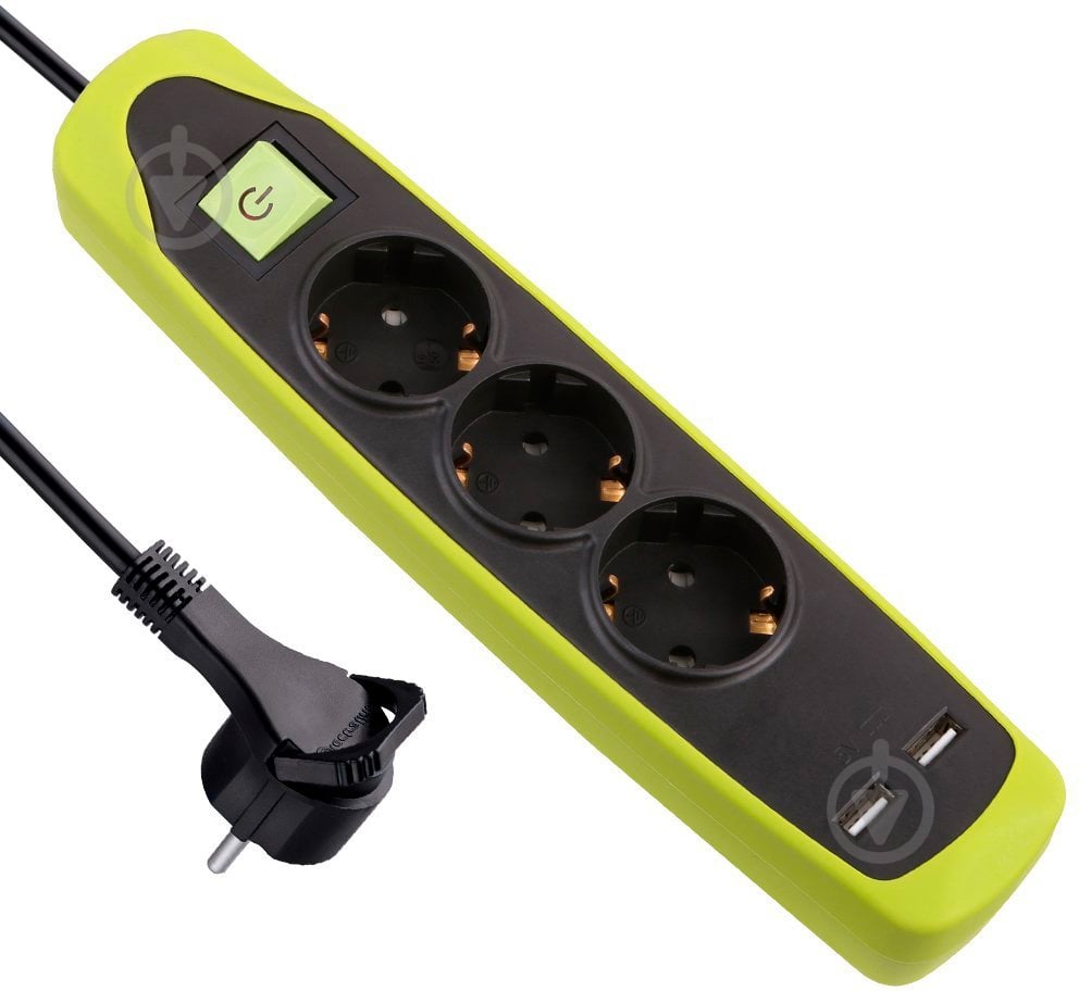 Удлинитель Electraline с 2 USB и кнопкой отключения в защитном резиновом кожухе с заземлением 3 гн. зеленый 2 м 62152 - фото 2 Удлинитель Electraline с 2 USB и кнопкой отключения в защитном резиновом кожухе с заземлением 3 гн. зеленый 2 м 62152 - фото 2