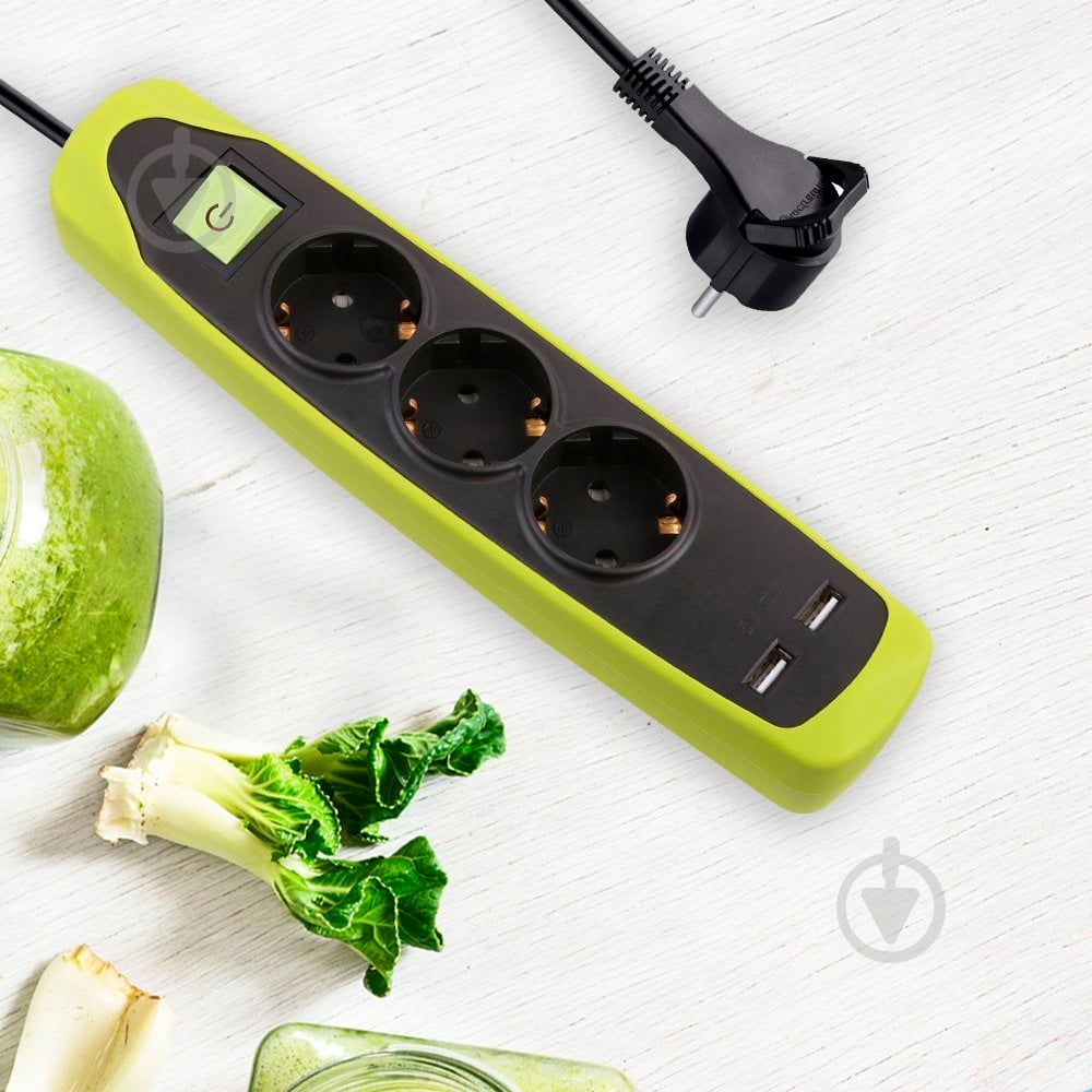 Удлинитель Electraline с 2 USB и кнопкой отключения в защитном резиновом кожухе с заземлением 3 гн. зеленый 2 м 62152 - фото 6 Удлинитель Electraline с 2 USB и кнопкой отключения в защитном резиновом кожухе с заземлением 3 гн. зеленый 2 м 62152 - фото 6