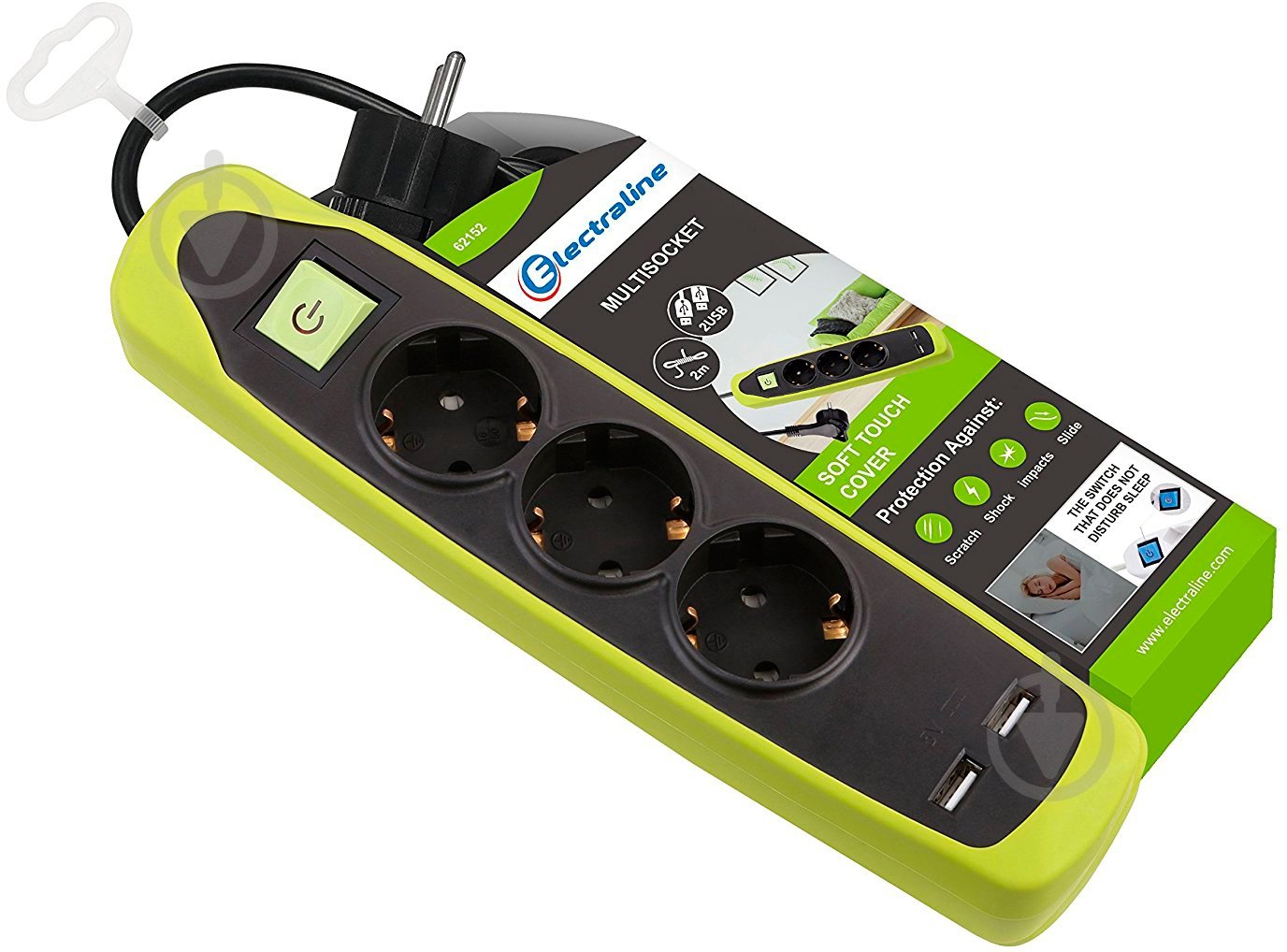 Удлинитель Electraline с 2 USB и кнопкой отключения в защитном резиновом кожухе с заземлением 3 гн. зеленый 2 м 62152 - фото 1 Удлинитель Electraline с 2 USB и кнопкой отключения в защитном резиновом кожухе с заземлением 3 гн. зеленый 2 м 62152 - фото 1
