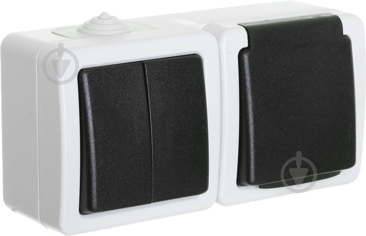 Выключатель двухклавишный + розетка влагозащищенная с заземлением Титан со шторками с крышкой белый 88625 - фото 1 Выключатель двухклавишный + розетка влагозащищенная с заземлением Титан со шторками с крышкой белый 88625 - фото 1