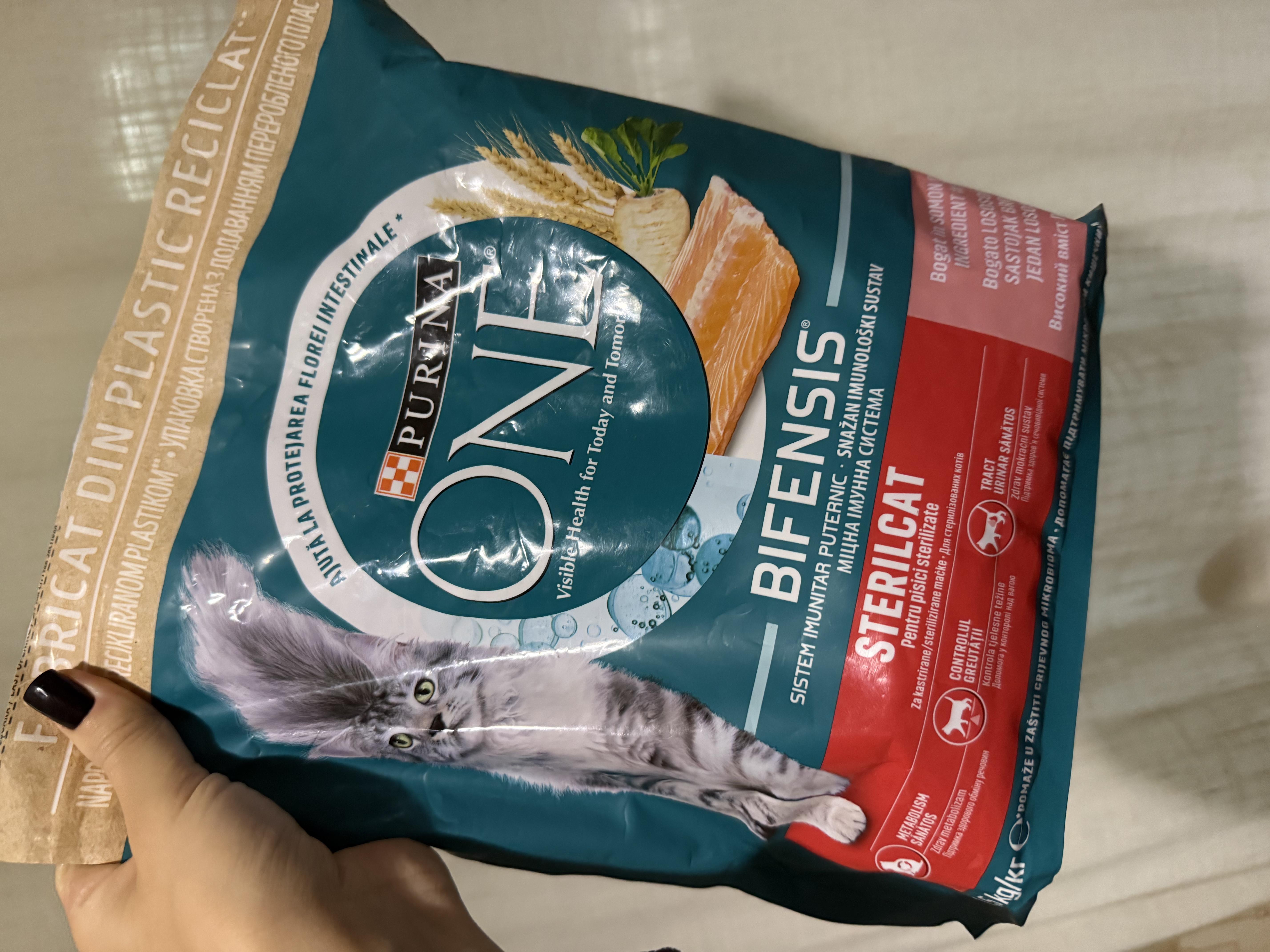 Корм сухой для взрослых стерилизованных кошек ONE by Purina Sterilcat комплекс Bifensis с лососем и пшеницей 800 г в реальных условиях использования от покупателя Кунченко.