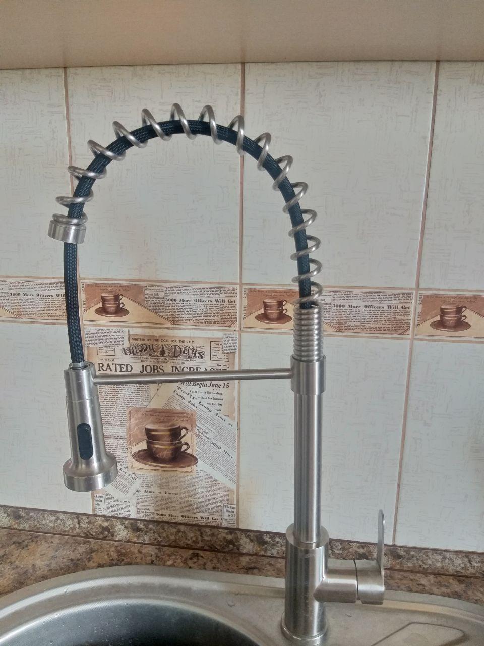 Смеситель кухонный Zegor SAP4-G090 с пружиной и выдвижным изливом Нержавеющая сталь в реальных условиях использования от покупателя Олег Володимирович.