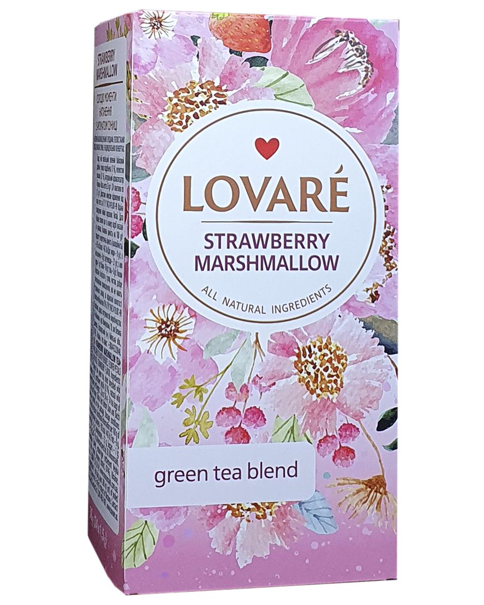 Чай зелений Lovare Полуничний зефір байховий з ягодами/пелюстками квітів та ароматом суниці 24 пакетика 1,5 г (56419)