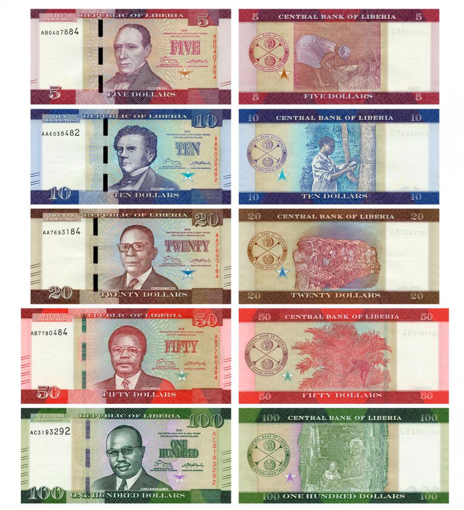 Коллекционный набор из 5 банкнот Либерия 2016-2017 UNC 5/10/20/50/100 долларов (P31/P32/P33/P34/P35) Коллекционный набор из 5 банкнот Либерия 2016-2017 UNC 5/10/20/50/100 долларов (P31/P32/P33/P34/P35)