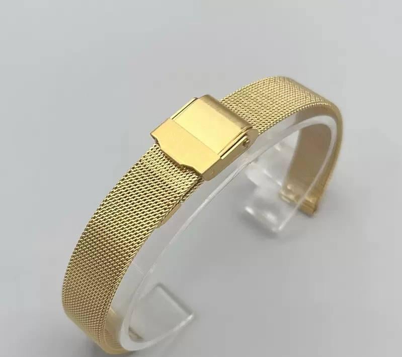 Браслет ремінець металевий для годинника міланське плетіння з подвійним замком та з шпильками 16 мм Золотий