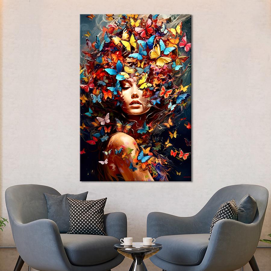 Картина на полотні Дівчина з різнокольоровими метеликами 80x54 см (52VP_L) - фото 2 Картина на полотні Дівчина з різнокольоровими метеликами 80x54 см (52VP_L) - фото 2