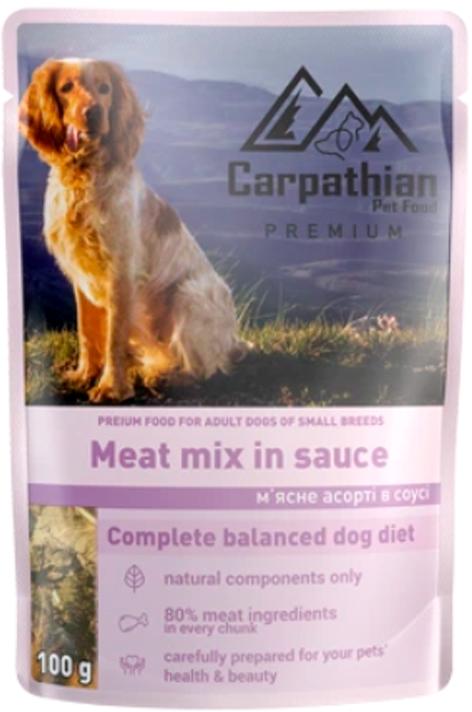 Корм вологий для собак Carpathian Pet Food М'ясне асорті в соусі 100 г (4820111141142)