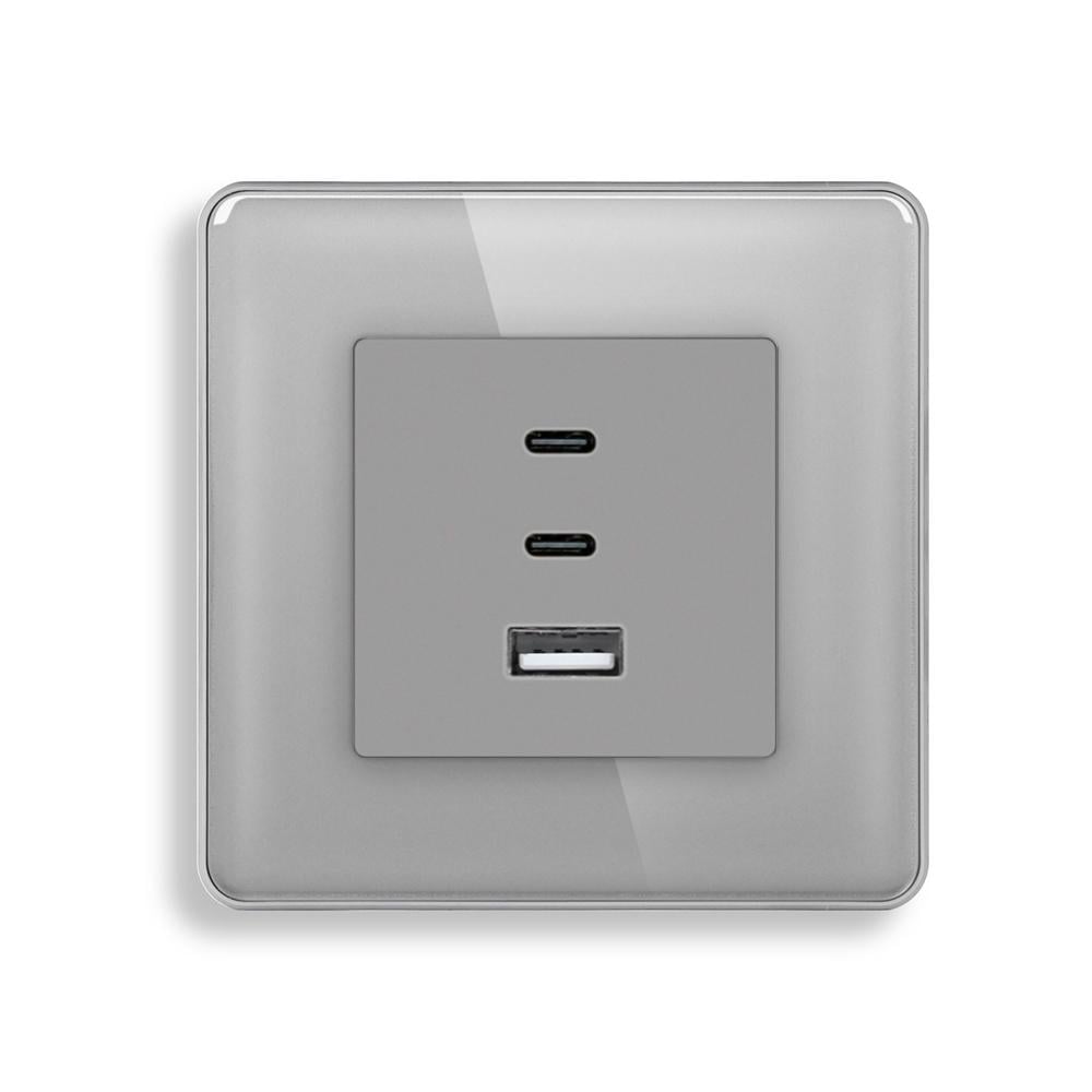 Розетка настенная ELIOS USB Type-C с 65Вт дизайнерская стеклянная рамка Серый (TW-65W-GY)