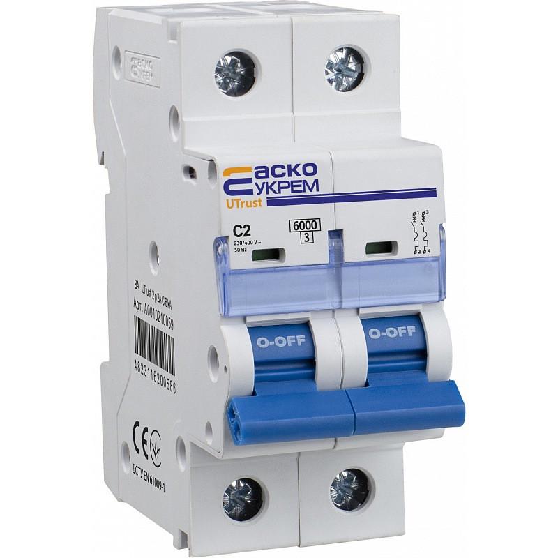 Автоматичний вимикач модульнй Аско-Укрем UTrust 2 полюси 2 А тип C 6kА A0010210059 (51743) Автоматичний вимикач модульнй Аско-Укрем UTrust 2 полюси 2 А тип C 6kА A0010210059 (51743)