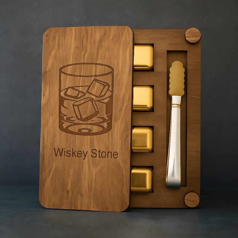 Подарочный набор для виски Moltis Relax металлические кубики в деревянной коробке 4 шт. Золотой (WS-10702)